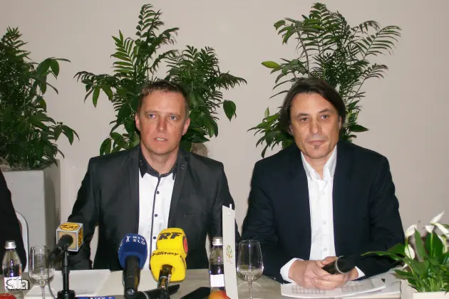 Podčetrtek, Terme Olimia Novinarska konferenca Term Olimia s predstavitvijo lanskega poslovanja in prenove Termalije. Direktor Term Olimia in Tuhelj Florjan Vasle in direktor marketinga v Termah Olimia Vasja Čretnik. Foto: Lili Pušnik/STA
