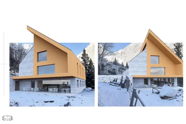 Celje. Enen izmed treh idejnih projektov novega Frischaufovega doma na Okrešlju, ki so ga ognjeni zublji uničili novembra lani. Foto: PD Celje Matica/Kultivator